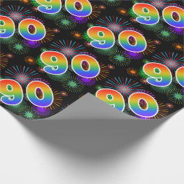 Farbenfrohe Feuerwerke + Regenbogenmuster "90" Eve Geschenkpapier