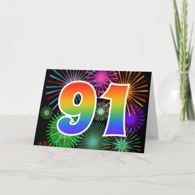 Farbenfrohe Feuerwerke + Regenbogenmuster "91" Eve Karte (Vorderseite)