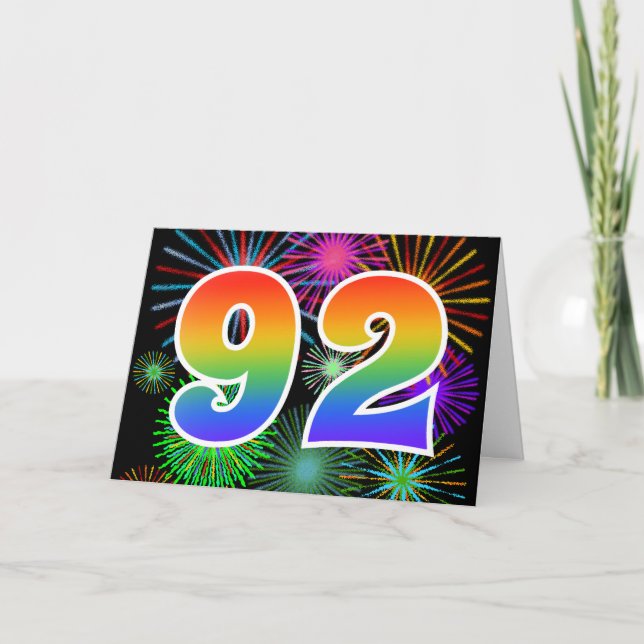 Farbenfrohe Feuerwerke + Regenbogenmuster "92" Eve Karte (Vorderseite)