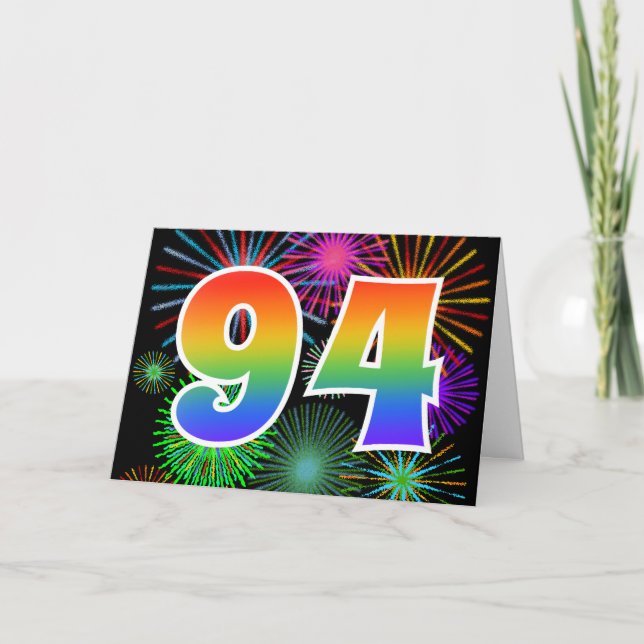 Farbenfrohe Feuerwerke + Regenbogenmuster "94" Eve Karte (Vorderseite)