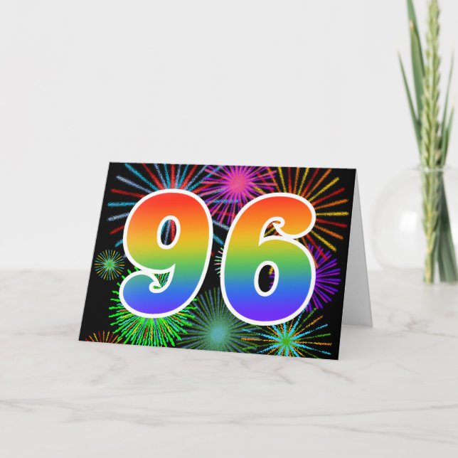 Farbenfrohe Feuerwerke + Regenbogenmuster "96" Eve Karte (Vorderseite)