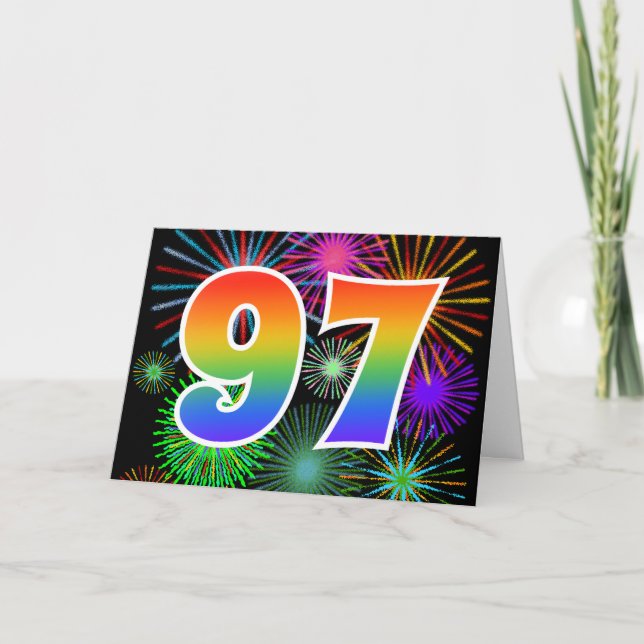 Farbenfrohe Feuerwerke + Regenbogenmuster "97" Eve Karte (Vorderseite)