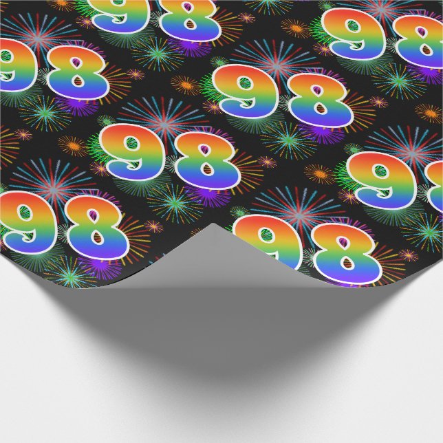 Farbenfrohe Feuerwerke + Regenbogenmuster "98" Eve Geschenkpapier (Ecke)