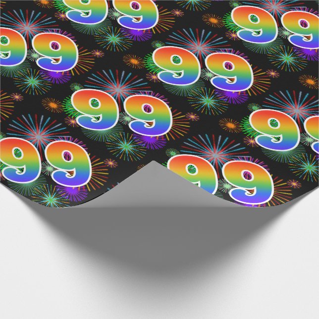Farbenfrohe Feuerwerke + Regenbogenmuster "99" Eve Geschenkpapier (Ecke)