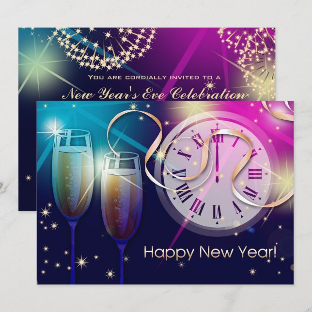 Farbenfrohe Feuerwerke - Silvester-Party Einladung (Vorne/Hinten)