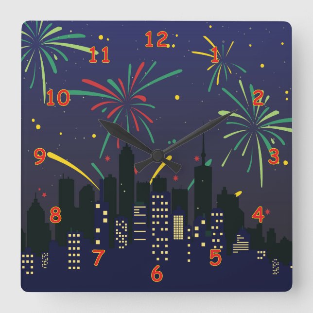 Farbenfrohe Feuerwerke über der Skyline der Stadt Quadratische Wanduhr (Vorderseite)