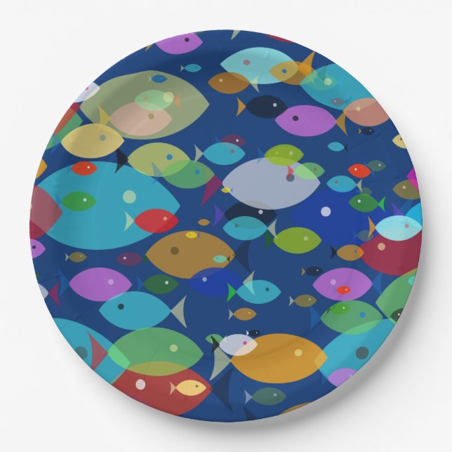 Farbenfrohe Fische Abstraktes Muster Blau Pappteller (Vorderseite)