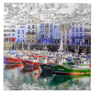 Farbenfrohe Fischerboote in Luarca, Asturien, Span Fliese