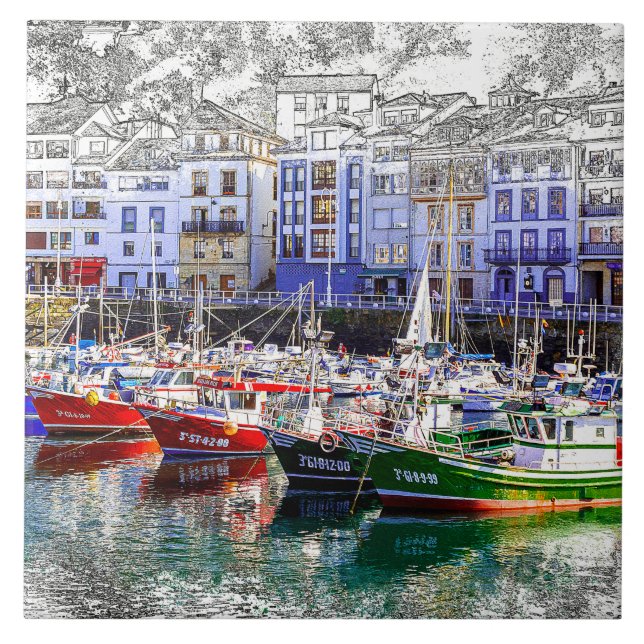 Farbenfrohe Fischerboote in Luarca, Asturien, Span Fliese (Vorderseite)