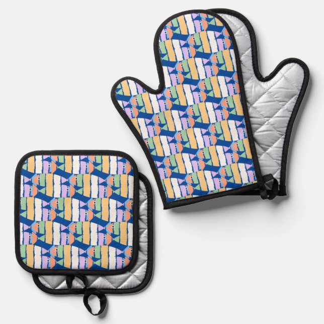 Farbenfrohe Fischstrandgestaltung Ofenhandschuh & Topflappen-Set (Vorderseite/Rückseite)
