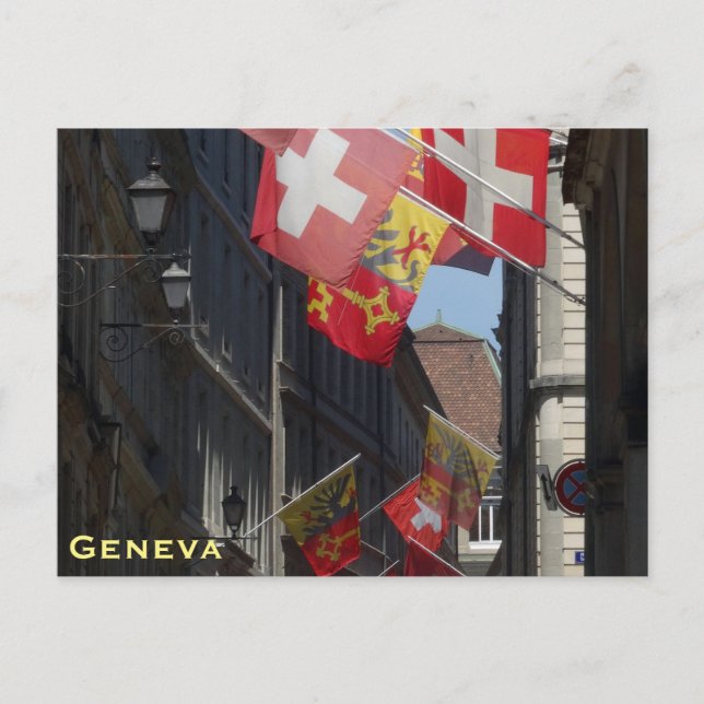 Farbenfrohe Flaggen in Genf, Schweiz Postkarte (Vorderseite)
