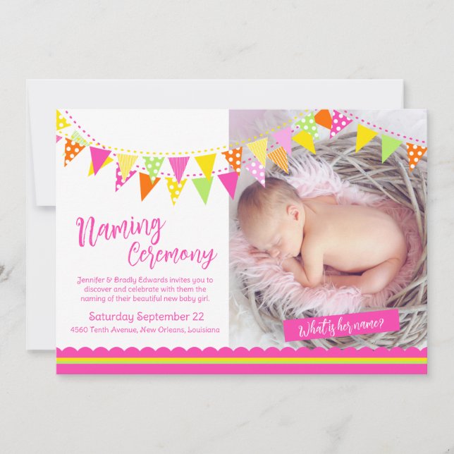Farbenfrohe Flaggen Mädchen, was ist ihr Name Baby Einladung (Vorderseite)