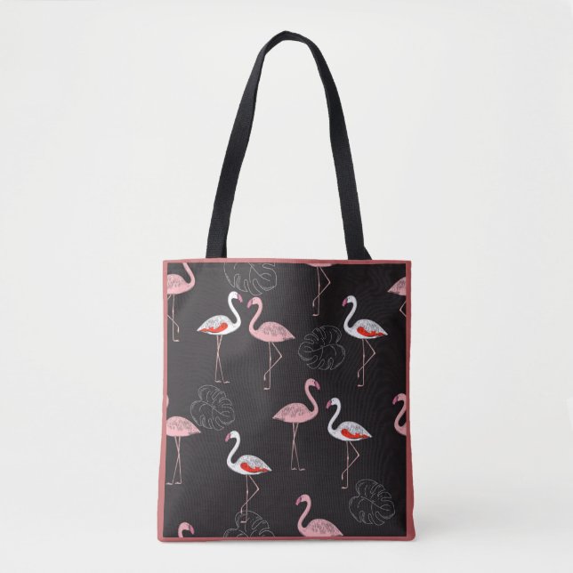 Farbenfrohe Flamingo Muster auf schwarzem Hintergr Tasche (Vorderseite)