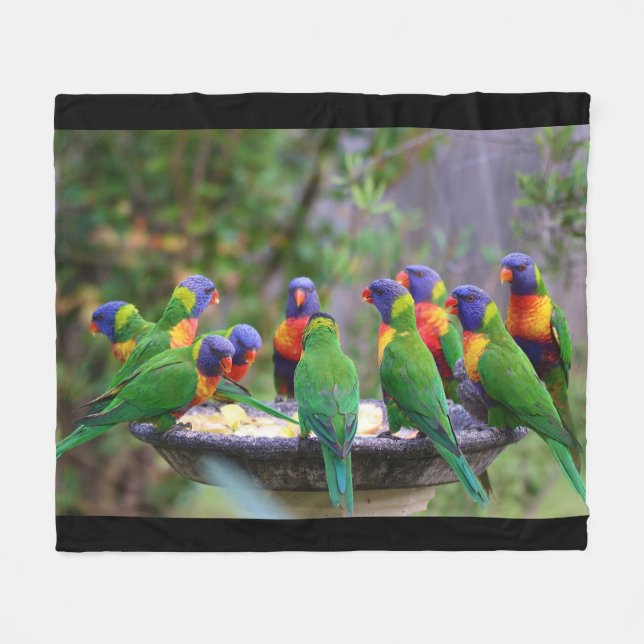 Farbenfrohe Flock von Rainbow Lorikeet Birds Fleecedecke (Vorderseite (Horizontal))