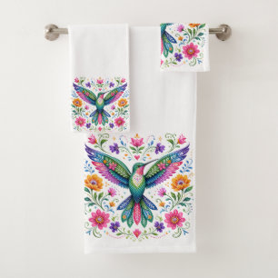 Farbenfrohe Flok-Kunst Kolibri Badhandtuch Set