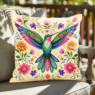 Farbenfrohe Flok-Kunst Kolibri Kissen