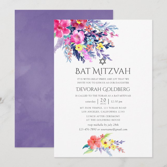 Farbenfrohe Flora Bat Mitzvah Einladung (Vorne/Hinten)