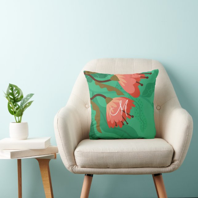 Farbenfrohe Flora und Blattrot auf Grün Kissen (Stuhl )