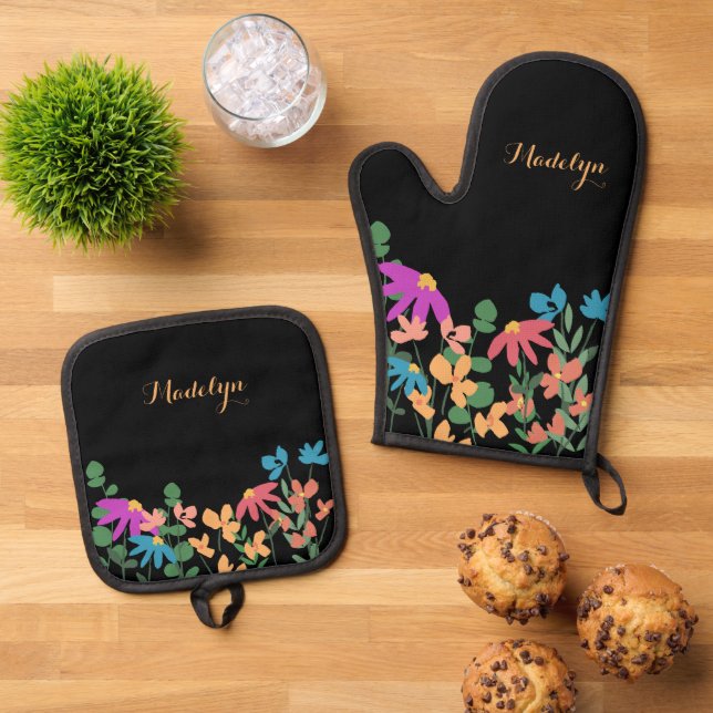 Farbenfrohe floral benutzerdefinierter Skriptname  Ofenhandschuh & Topflappen-Set (Oben Unten)