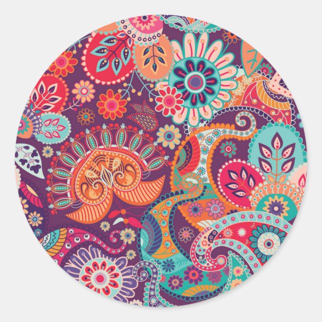 Farbenfrohe Floral Paisley Runder Aufkleber (Vorderseite)