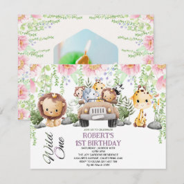 Farbenfrohe floral Wild One Jungle Safari Geburtst Einladung