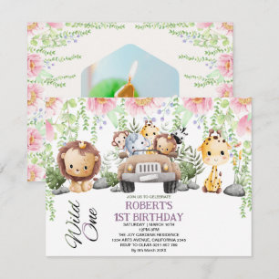 Farbenfrohe floral Wild One Jungle Safari Geburtst Einladung