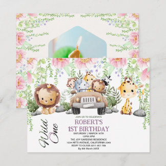 Farbenfrohe floral Wild One Jungle Safari Geburtst Einladung
