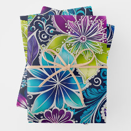 Farbenfrohe florale Batik Art Wrapping Paper Sheet Geschenkpapier Set