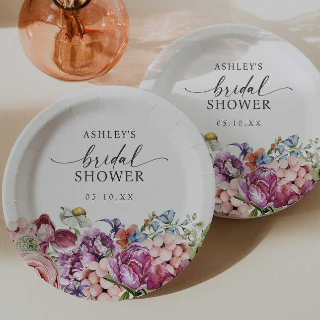 Farbenfrohe florale Brautparty Pappteller (Colorful Jewel Toned Floral Bridal Shower Paper Plates by Painted Paperie)
