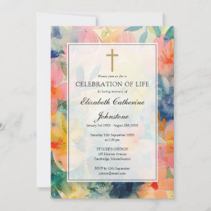 Farbenfrohe florale christliche Trauer-Gedenkfeier Einladung