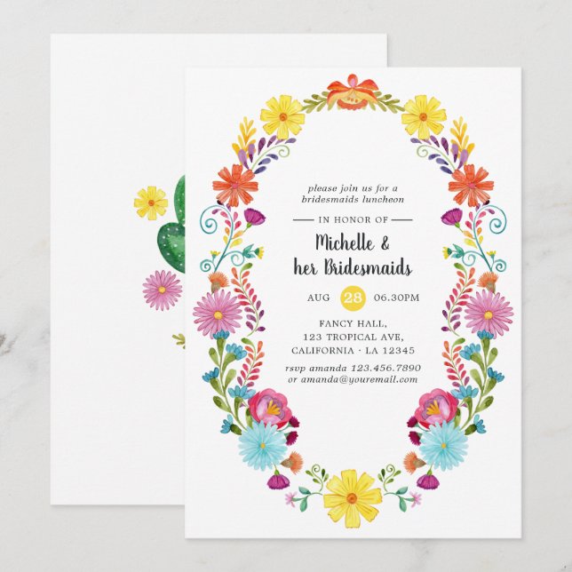 Farbenfrohe florale Fiesta Bridesmaids Luncheon Einladung (Vorne/Hinten)