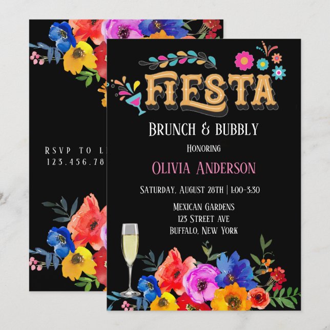 Farbenfrohe florale Fiesta Brunch & Bubbly Einladung (Vorne/Hinten)