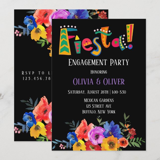 Farbenfrohe florale Fiesta Engagement Party Einladung (Vorne/Hinten)
