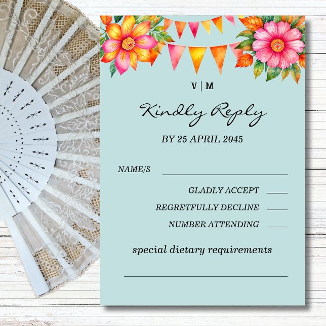 Farbenfrohe florale Fiesta Mexican Wedding RSVP Ca Karte (Von Creator hochgeladen)
