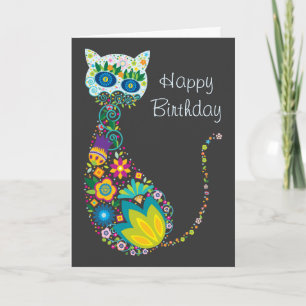 Farbenfrohe florale Katze Happy Birthday Karte
