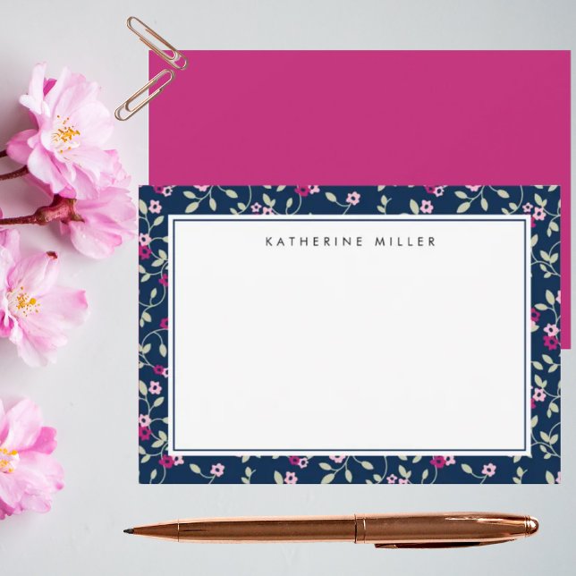 Farbenfrohe florale Marine und rosa Korrespondenz Mitteilungskarte (Von Creator hochgeladen)