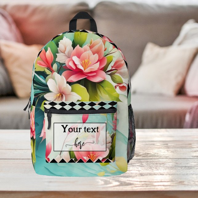 Farbenfrohe florale Moderne Kunst Bedruckter Rucksack (Backpack featuring colorful floral art with a black and white checkered design)