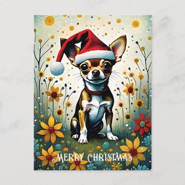 Farbenfrohe florale Niedlich Chihuahua Weihnachten Postkarte (Vorderseite)