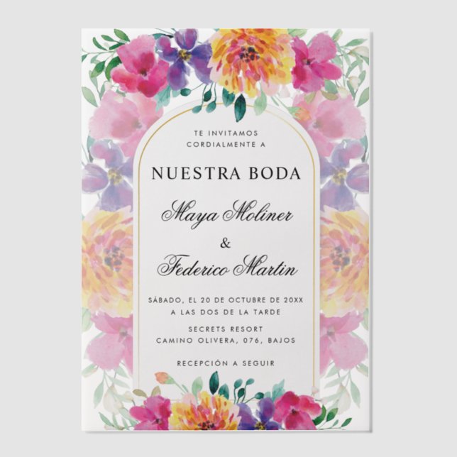 Farbenfrohe florale Nuestra Boda Spanische Hochzei (Vorderseite)