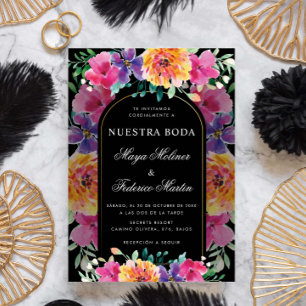 Farbenfrohe florale Nuestra Boda Spanische Hochzei Einladung