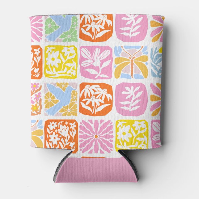 Farbenfrohe florale Tile Botanische Folk Whimsical Dosenkühler (Vorderseite)