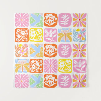 Farbenfrohe florale Tile Botanische Folk Whimsical Wandteppich