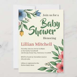 Farbenfrohe Florale Wasserfarben-Baby-Shower-Einla Einladung