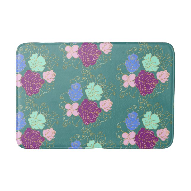 Farbenfrohe Florals mit goldenem Muster Badematte (Vorderseite)