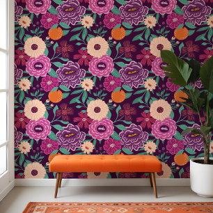 Farbenfrohe Florals & Orange Citrus Frucht Patten Tapete