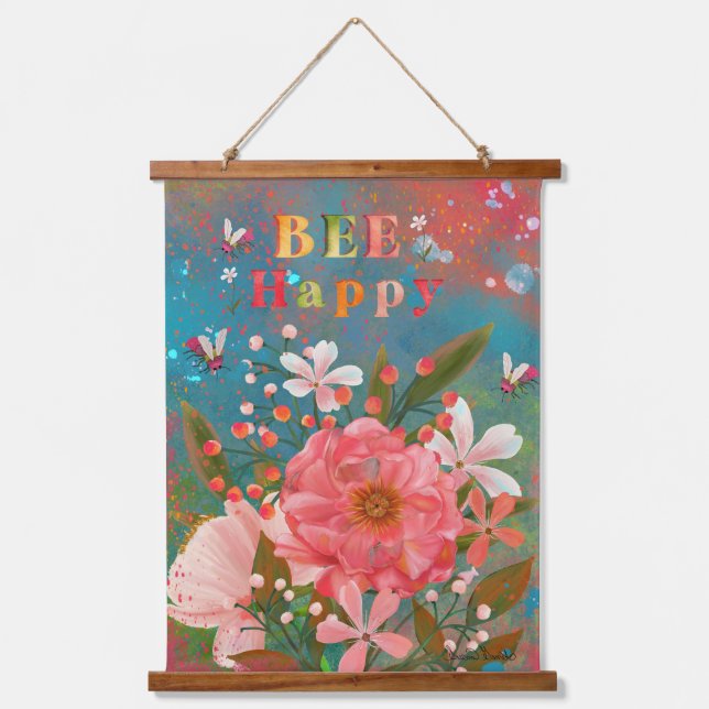 Farbenfrohe Florals rosa Inspiration Wandteppich Mit Holzrahmen (Vorderseite)