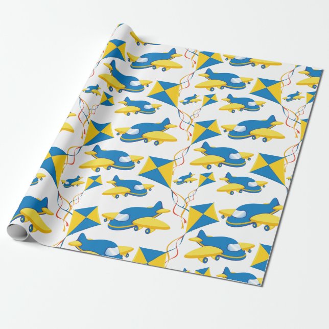 Farbenfrohe Flugzeuge und Kites Kindermuster Geschenkpapier (Ungerollt)