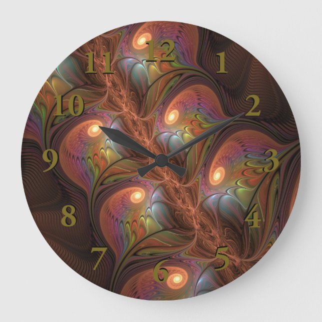 Farbenfrohe fluoreszierende Abstrakte Moderne Brau Große Wanduhr (Vorderseite)
