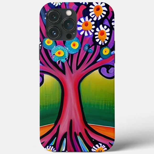 Farbenfrohe Folk Art Style Whimsical Tree Case-Mate iPhone Hülle (Rückseite)