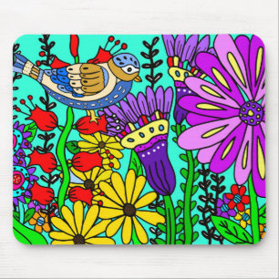 Farbenfrohe Folklore Art Bird und Blume Mousepad